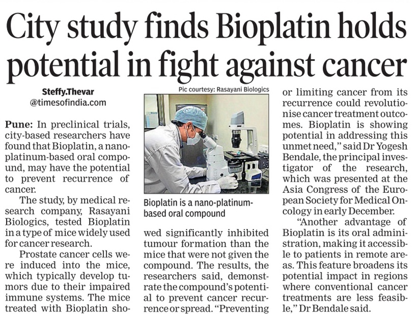 Publication of Rasayani Biologics Research about preventing cancer from coming back